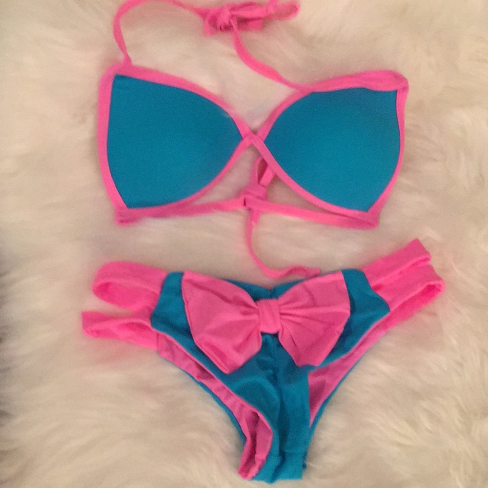 Pink and blue dollbox bikini